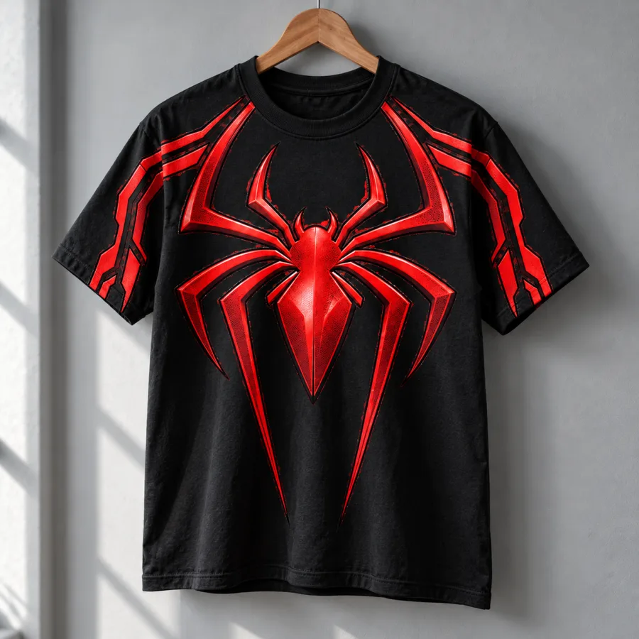Black Spider-Man Sleeve Stripe Emblem tee on a hanger