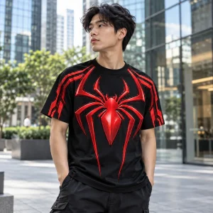 Young man in Spider-Man Sleeve Stripe Emblem tee at an outdoor basketball court