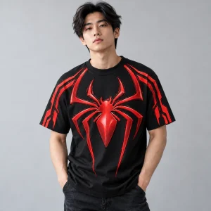 Model wearing Spider-Man Sleeve Stripe Emblem tee showing shoulder stripes