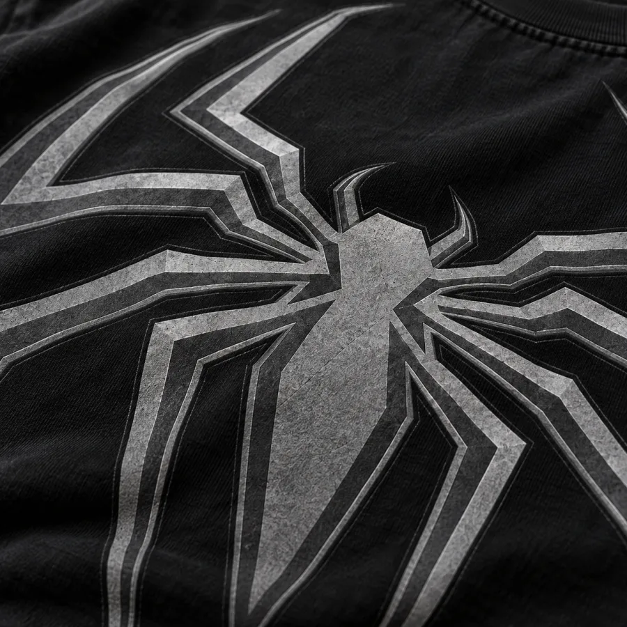 Close-up of dark grey tone-on-tone spider emblem on black cotton
