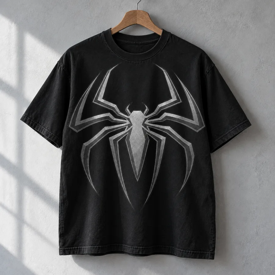 Black Spider-Man Tonal Emblem tee hanging on a black hanger