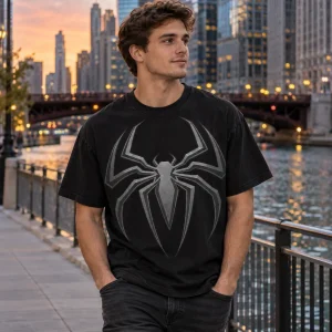Person in Spider-Man Tonal Emblem tee walking through a city at dusk