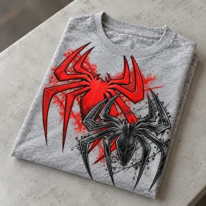 Folded heather gray Spider-Man Twin Emblems shirt showing the overlapping emblems
