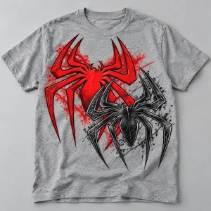 Front flat lay of heather gray Spider-Man Twin Emblems tee with red and black spiders