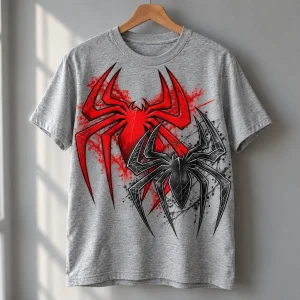 Spider-Man Twin Emblems heather gray tee hanging on a wooden hanger