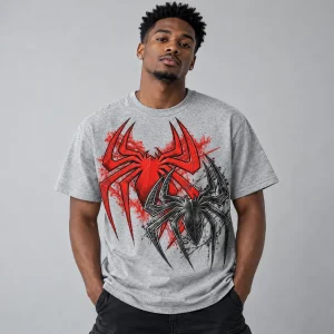 Man wearing heather gray Spider-Man Twin Emblems t-shirt facing the camera