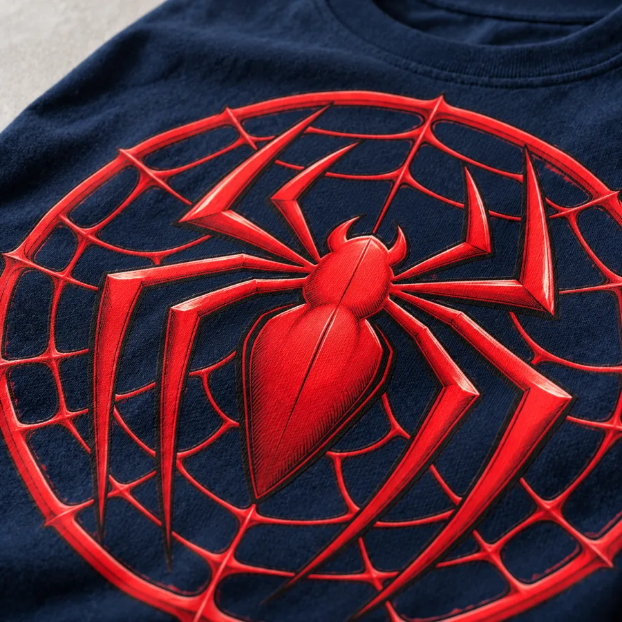 Close-up of red spider emblem inside the circular web ring
