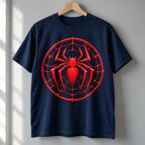 Navy Spider-Man Web Circle Emblem t-shirt on a hanger