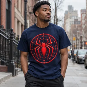 Teen in Spider-Man Web Circle Emblem tee at a comic book shop counter