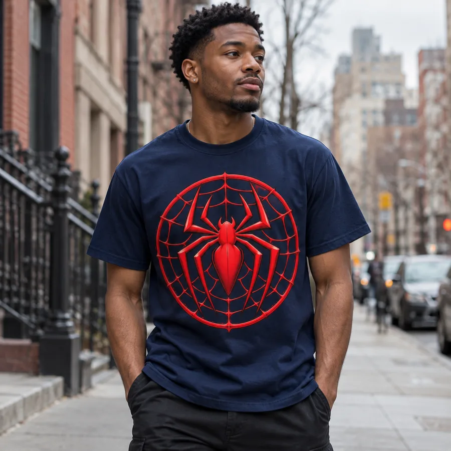 Teen in Spider-Man Web Circle Emblem tee at a comic book shop counter