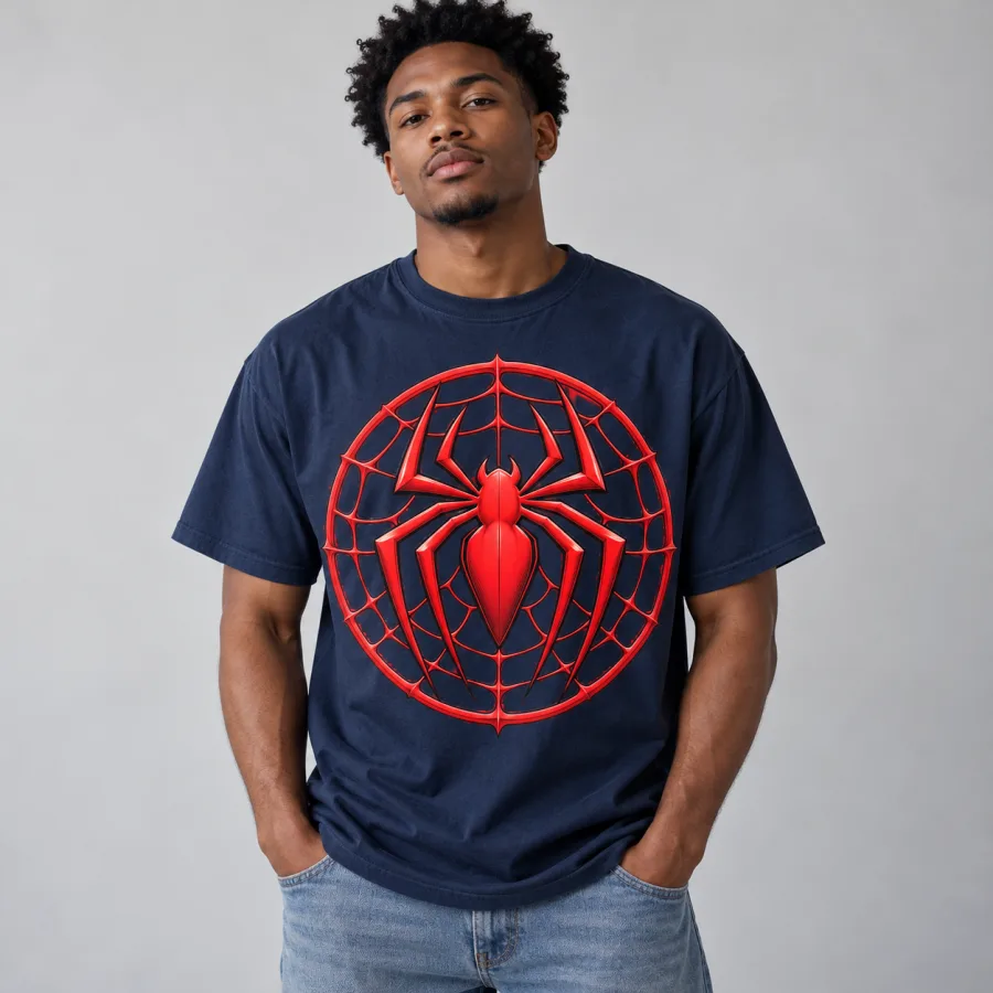 Model wearing navy Spider-Man Web Circle Emblem tee