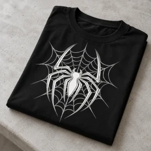 Folded black Spider-Man t-shirt showing the white line emblem
