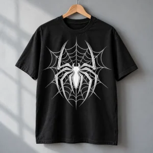 Black Spider-Man White Line Emblem t-shirt on a hanger
