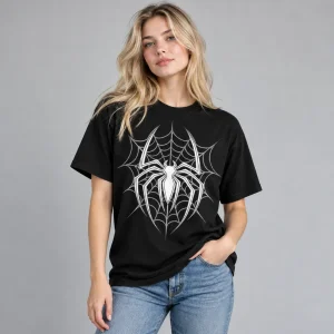 Model wearing black Spider-Man White Line Emblem tee