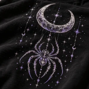 Close-up of Spider & Moon print showing detailed spider, crescent moon, stars, and fabric texture