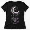 Front flat lay of black Women's Spider & Moon moon spider shirt with silver-gray and lavender celestial artwork