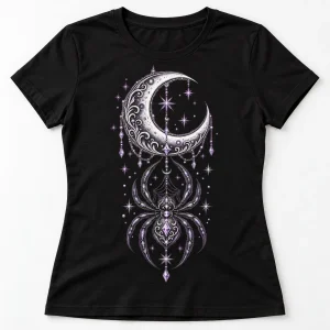 Front flat lay of black Women's Spider & Moon moon spider shirt with silver-gray and lavender celestial artwork
