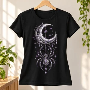 Black Women's Spider & Moon moon spider shirt displayed on a natural wooden hanger