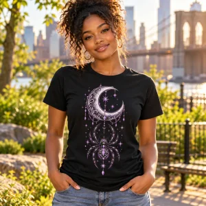 Lifestyle view of woman wearing black Spider & Moon moon spider shirt outdoors in warm afternoon light