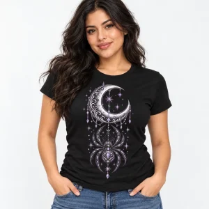Woman wearing black Spider & Moon moon spider shirt with crescent moon and detailed spider graphic