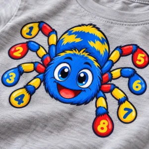 Close-up of smiling spider with legs numbered 1 to 8 in primary colors
