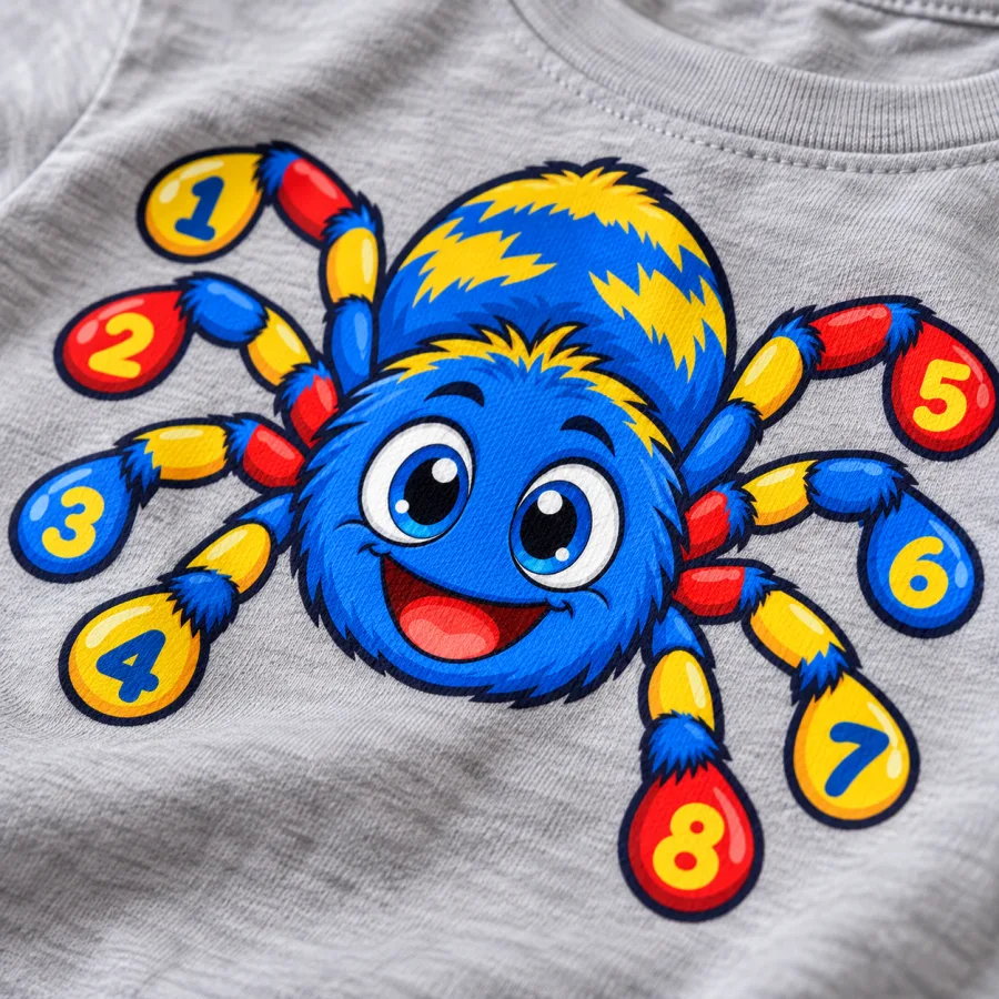 Close-up of smiling spider with legs numbered 1 to 8 in primary colors