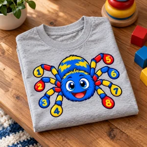 Folded light gray learning spider shirt showing numbered legs