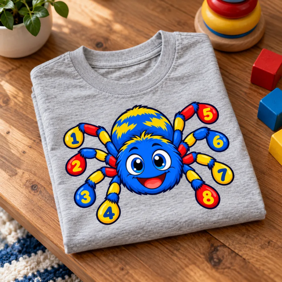 Folded light gray learning spider shirt showing numbered legs