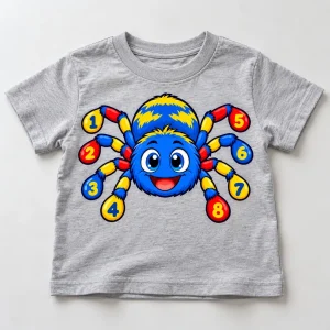 Front flat lay of light gray Spider Numbers learning spider shirt