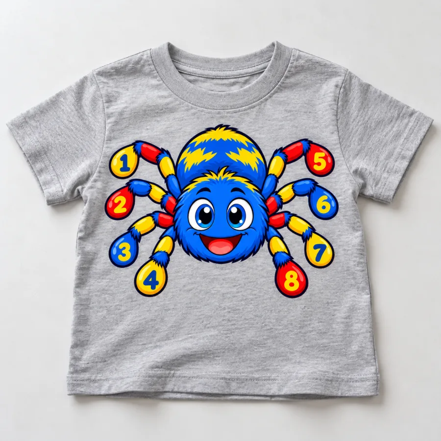 Front flat lay of light gray Spider Numbers learning spider shirt