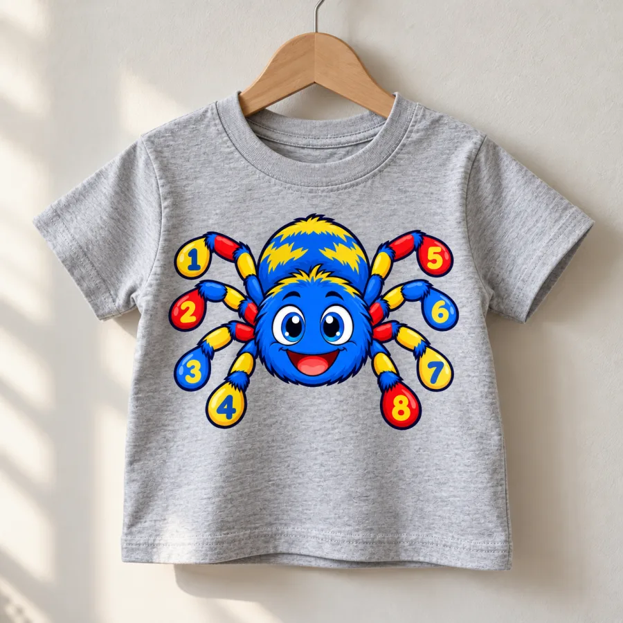 Spider Numbers kids tee on a small hanger