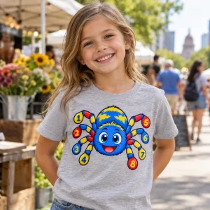 Child in Spider Numbers tee counting blocks on a classroom rug