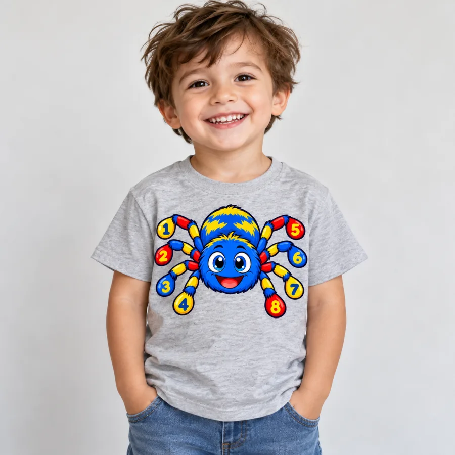 Toddler wearing light gray Spider Numbers counting spider tee