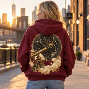 Back view of Spider Observatory hoodie showing telescope and spider constellation chart