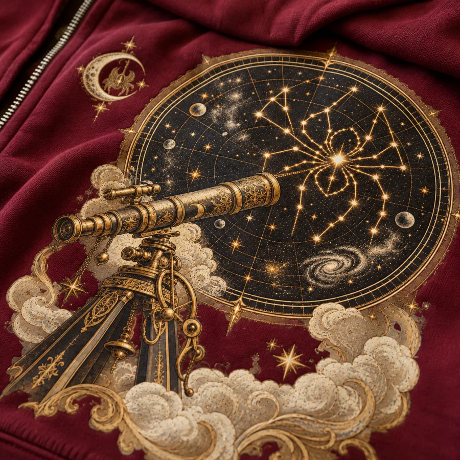 Close-up of cream and gold-look spider constellation and star markings