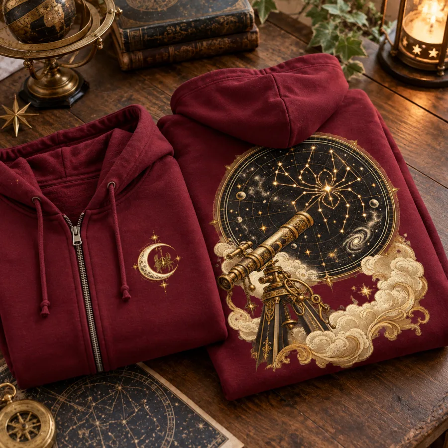 Folded burgundy celestial spider zip hoodie with chest emblem