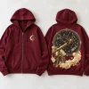 Front flat lay of burgundy Spider Observatory celestial spider zip hoodie