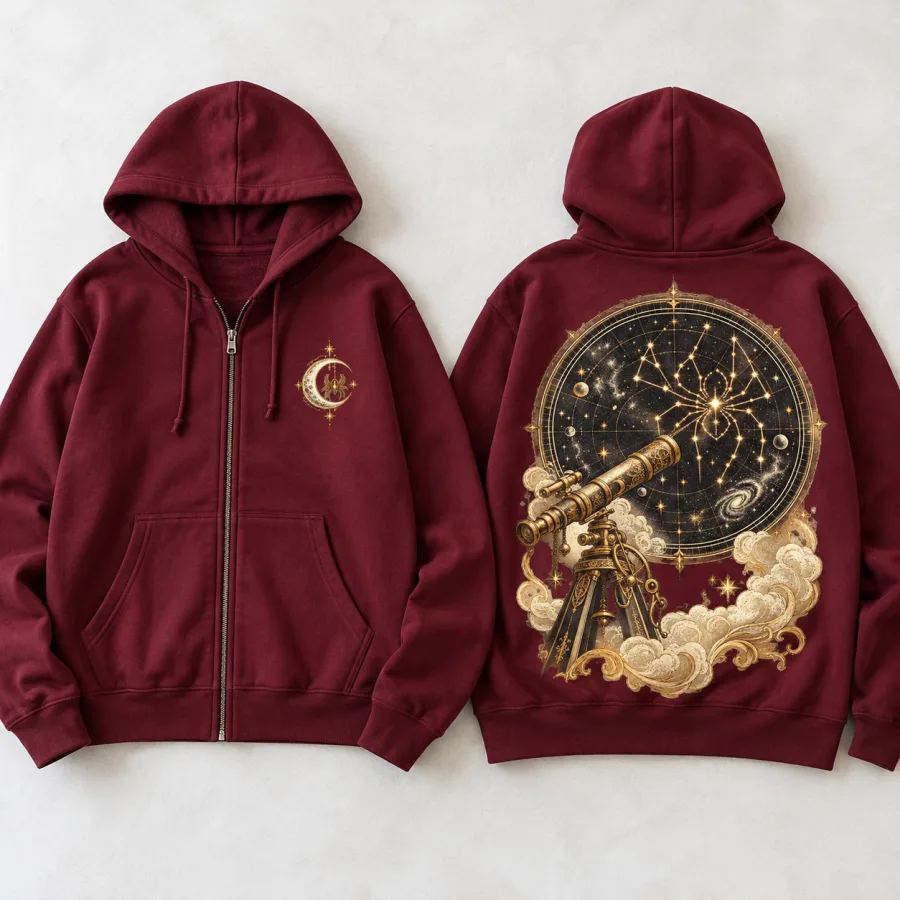 Front flat lay of burgundy Spider Observatory celestial spider zip hoodie