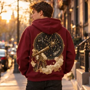 Person in Spider Observatory hoodie looking through a telescope on a hilltop at night