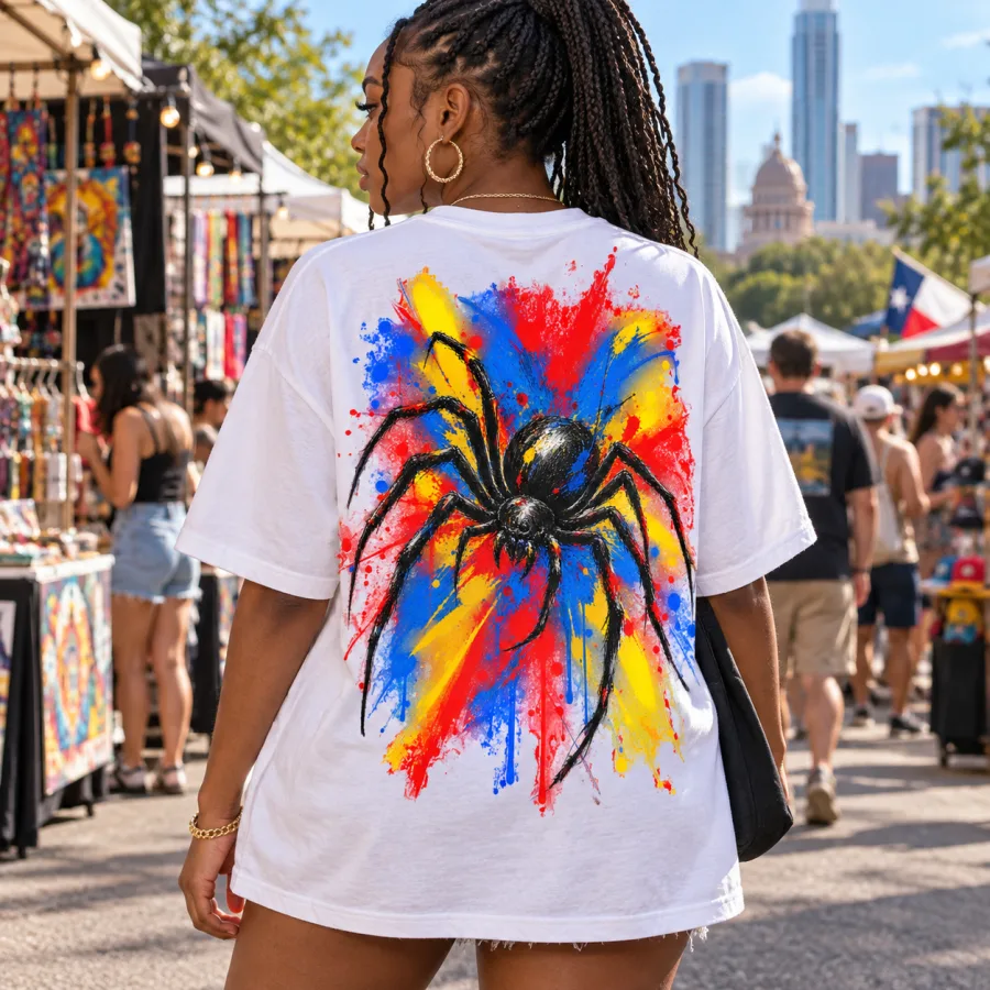 Back view of white Spider Paint Riot oversized tee showing black spider with cobalt red and yellow paint splatters