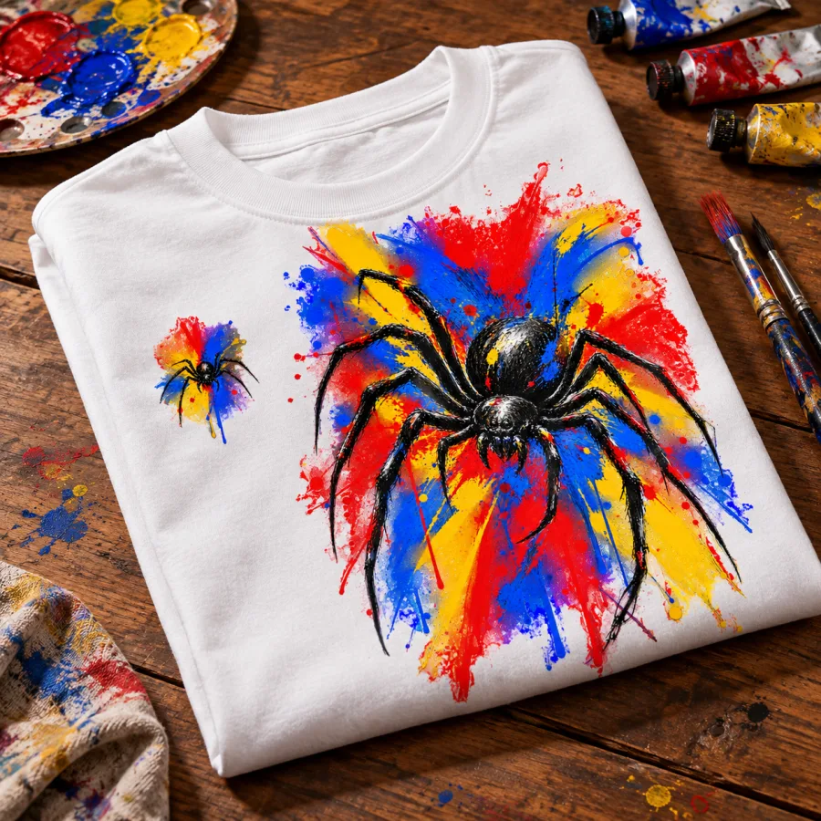 Folded white Spider Paint Riot oversized tee displaying colorful spider paint artwork on a wooden table