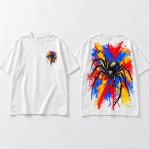 Front flat lay of white oversized Spider Paint Riot tee with small colorful spider paint chest mark