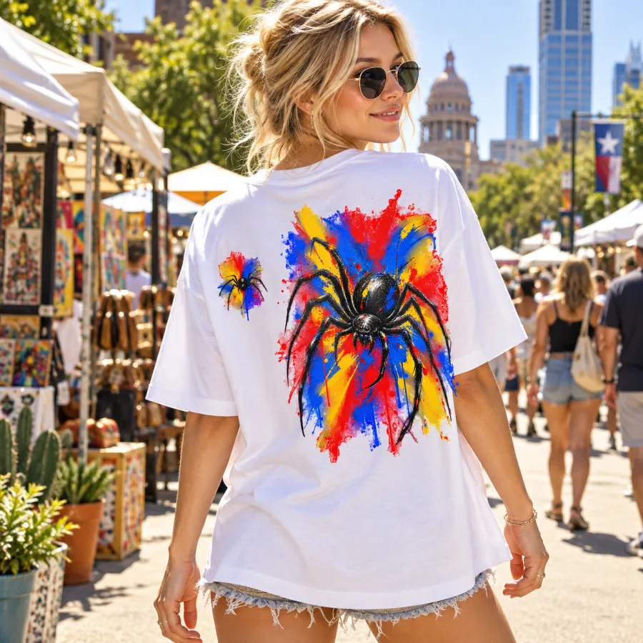 Blonde woman wearing white Spider Paint Riot oversized tee at an Austin street market with colorful back print visible