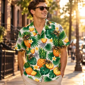 Friends at a backyard luau, one wearing the Spider Pineapple Party Hawaiian shirt