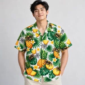 Man wearing white Spider Pineapple Party Hawaiian shirt with khaki shorts