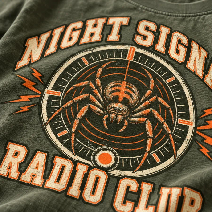 Close-up of spider inside radio dial with NIGHT SIGNAL RADIO CLUB lettering