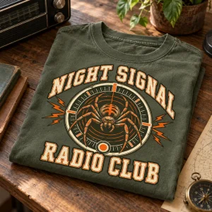 Folded faded olive retro spider t-shirt showing radio dial