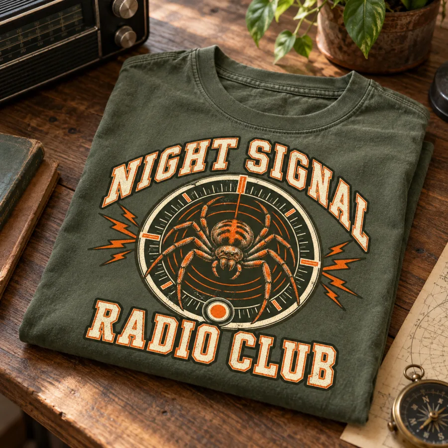 Folded faded olive retro spider t-shirt showing radio dial