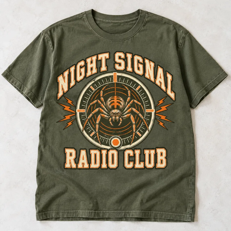 Front flat lay of faded olive Spider Radio Club retro spider t-shirt