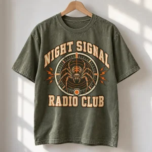 Faded olive Spider Radio Club tee on a hanger